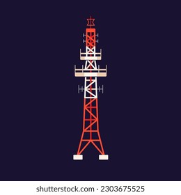 Transmission, telecommunication tower with antenna for electromagnetic signal transmitting. Telecom structure, radio mast. Broadcasting equipment, technology. Isolated flat graphic vector illustration