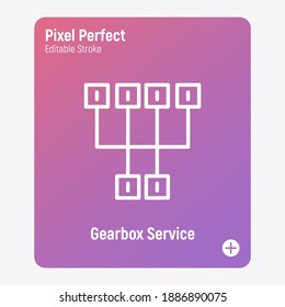 Transmission Thin Line Icon. Pixel perfekt, bearbeitbarer Strich. Gearbox. Vektorgrafik.
