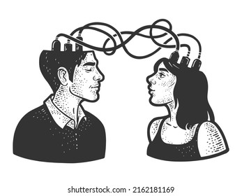 transmission of thought emotions and feelings from brain to brain sketch engraving vector illustration. T-shirt apparel print design. Scratch board imitation. Black and white hand drawn image.