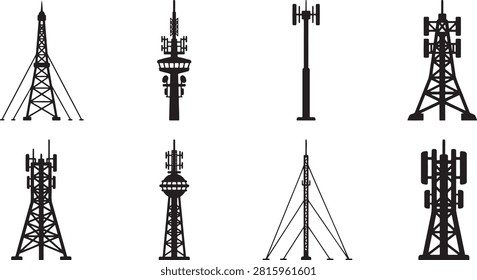 Transmission tower cellular mast antenna communication silhouette icons