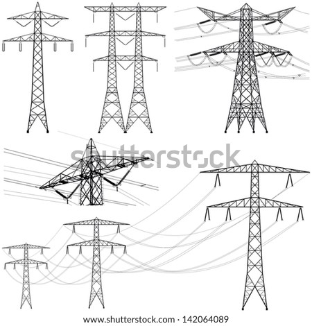 Transmission tower collection - vector silhouette illustration