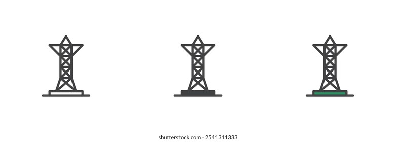 Transmission tower different style icon set. Line, glyph and filled outline colorful version, outline and filled vector sign. Voltage pole symbol, logo illustration. Vector graphics