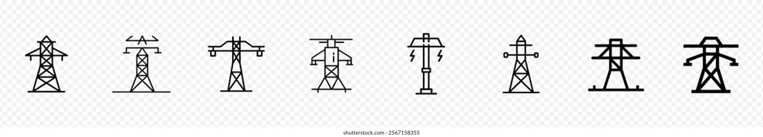 Transmission tower icon set, Electric pole icon, High voltage electricity distribution grid pylons. High electric cable tower icon,