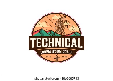 Das Transmission Tower Logo Design, Hochspannungs-Emblem-Design des elektrischen Turms modern. Industrielogo-Kraftwerke