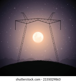 Transmission tower on hill. Big full moon. Night industrial landscape