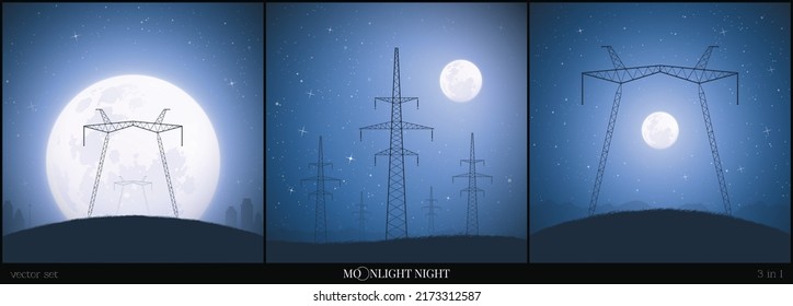 Transmission Tower On Moonlight Starry Night. Industrial Landscape Set