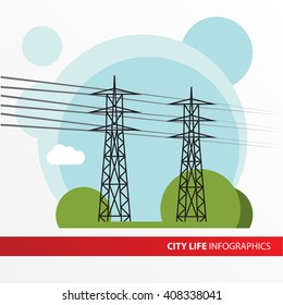 Transmission tower. Power-line telecommunications or digital communications PDLS also known as networking PLN.  Infographics city. 
