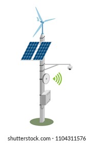 transmission tower with satellite dish, CCTV camera, windmill, solar panel and line distributor