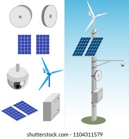 torre de transmisión con antena parabólica, cámara CCTV, molino de viento, panel solar y distribuidor de línea