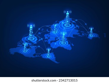 Transmission tower technology Cell towers on a world map with connection lines. Refers to the technology of transmitting signals that go to the world to communicate with each other around the world.