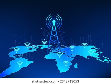 Transmission tower technology on world map with wifi icon Refers to the technology of signal transmission that covers the world for people to have access to communication or access to the Internet.