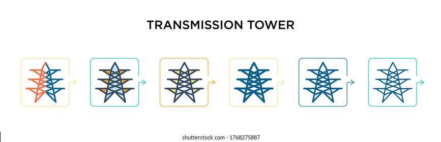 Transmission tower vector icon in 6 different modern styles. Black, two colored transmission tower icons designed in filled, outline, line and stroke style. Vector illustration can be used for web, 