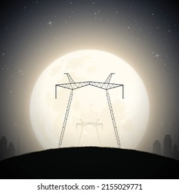 Transmission towers and big full moon. Night industrial landscape