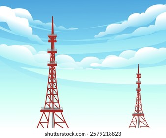 Transmission towers designed for communication. Signal relay masts. Structural broadcasting pylons with antennas. Communication towers for network transmission. Vector illustration