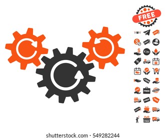 Transmission Wheels Rotation icon with free bonus pictograph collection. Vector illustration style is flat iconic symbols, orange and gray colors, white background.