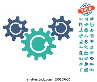 Transmission Wheels Rotation icon with free bonus pictograph collection. Vector illustration style is flat iconic symbols, cobalt and cyan colors, white background.
