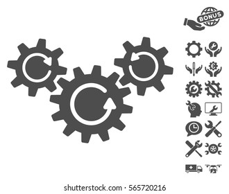 Transmission Wheels Rotation pictograph with bonus setup tools icon set. Vector illustration style is flat iconic gray symbols on white background.