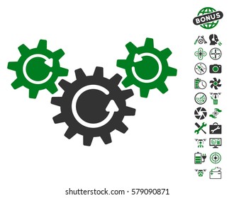 Transmission Wheels Rotation pictograph with bonus airdrone service pictograph collection. Vector illustration style is flat iconic green and gray symbols on white background.