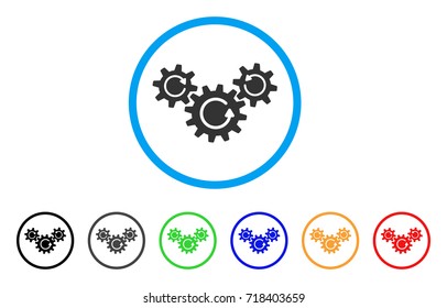 Transmission Wheels Rotation rounded icon. Style is a flat transmission wheels rotation gray symbol inside light blue circle with black, gray, green, blue, red, orange versions.