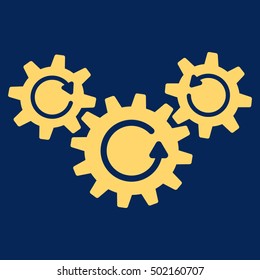 Transmission Wheels Rotation vector pictograph. Style is flat graphic symbol, yellow color, blue background.