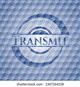 Transmit blue badge with geometric background.