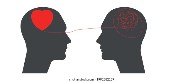 transmits the love in his head to another person.
Confused silhouette and silhouette with heart on head.
mental health concept.
Vectorel design Eps 10.