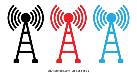 Símbolo da antena do transmissor. ícone da torre de sinal. Ilustração simples da antena da comunicação de preto, vermelho e azul.