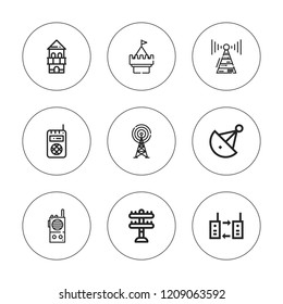 Transmitter icon set. collection of 9 outline transmitter icons with antenna, satellite dish, tower, walkie talkie, walkie icons. editable icons.