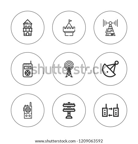 Transmitter icon set. collection of 9 outline transmitter icons with antenna, satellite dish, tower, walkie talkie, walkie icons. editable icons.