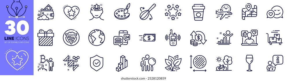 Transmitter, Leaf and Change money line icons pack. Palette, Flight time, Wine glass web icon. Cooking whisk, Dating, Surprise pictogram. 3d chart, Money transfer, Crepe. Interview. Vector