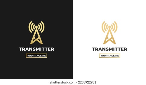 Transmitter-Logo oder Antennenlogo einzeln auf weißem Hintergrund. Broadcast, Transmitter Antennensymbol Design Vektorgrafik. Radio Tower Logo. Linearer Stil. Übermittlerlogo. Mobilfunkturm.