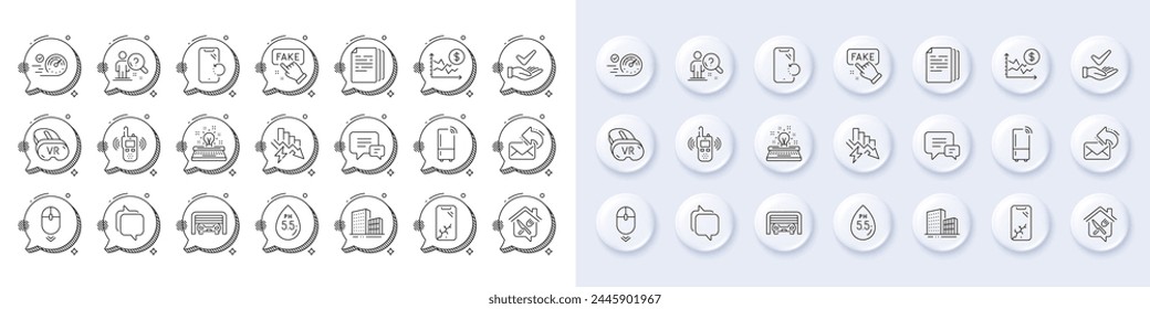 Transmitter, Messenger and Smartphone broken line icons. White pin 3d buttons, chat bubbles icons. Pack of Refrigerator, Comment, Smartphone recovery icon. Vector