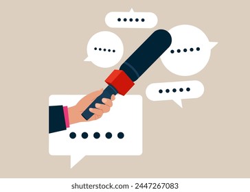 Transmitter, mike, misc, mic. Sound equipment. Holding microphone with speech bubble dialog box. Press Conference Idea, Interviews, latest news. Flat vector illustration