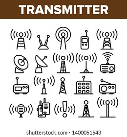 Transmitter, Radio Tower Linear Vector Icons Set. Transmitter and Receiver Thin Line Contour Symbols Pack. Communication Technology Pictograms Collection. Broadcasting Equipment Outline Illustrations