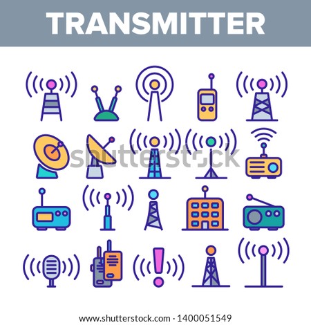Transmitter, Radio Tower Linear Vector Icons Set. Transmitter and Receiver Thin Line Contour Symbols Pack. Communication Technology Pictograms Collection. Broadcasting Equipment Outline Illustrations