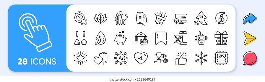 Transmitter, Timer and Snowflake line icons. Interest rate, AI generate, Inflation icons. Pack of Cursor, Water drop, Food app icon. Money exchange, Cooking cutlery, Star pictogram. Vector