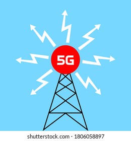 Transmitter tower 5G, vector icon on blue background
