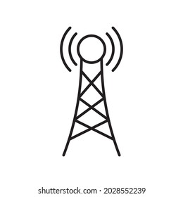 Transmitter tower icon, broadcast symbol, antenna sign, black line isolated on white background, vector illustration.