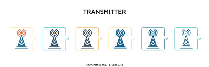 Icono vector transmisor en 6 estilos diferentes. Iconos de dos transmisores de color negro diseñados en un estilo relleno, contorno, línea y trazo. La ilustración vectorial se puede usar para web, móvil, ui