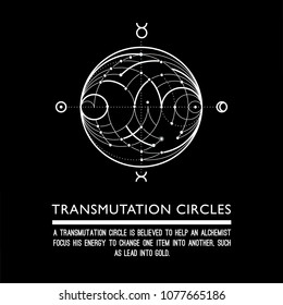 Transmutation circle. Black background. Stock vector.