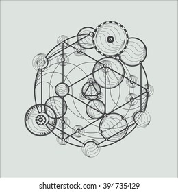 Transmutation circles. Line art.  Alchemical abstract symbol. Sacred geometry. Stock vector.