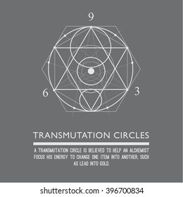 Transmutation circles. Line art.  Alchemical abstract symbol. Sacred geometry. Grey background. Stock vector.