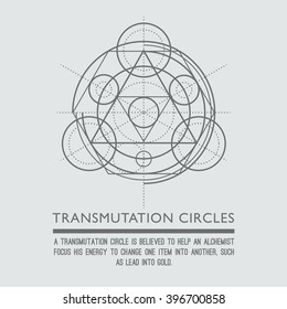 Transmutation circles. Line art.  Alchemical abstract symbol. Sacred geometry. Grey background. Stock vector.