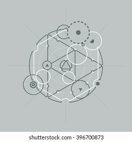 Transmutation circles. Line art.  Alchemical abstract symbol. Sacred geometry. Grey background. Stock vector.