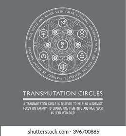 Transmutation circles. Line art.  Alchemical abstract symbol. Sacred geometry. Grey background. Stock vector.