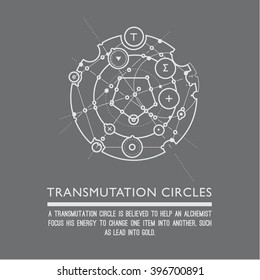 Transmutation circles. Line art.  Alchemical abstract symbol. Sacred geometry. Grey background. Stock vector.