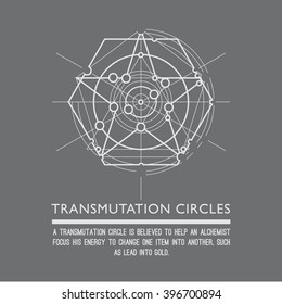 Transmutation circles. Line art.  Alchemical abstract symbol. Sacred geometry. Grey background. Stock vector.