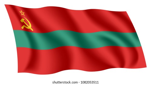 Transnistria flag. Isolated national flag of Pridnestrovie. Waving flag of the self-proclaimed Pridnestrovian Moldavian Republic. Fluttering textile flag.