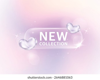 Transparency banner on heart shape holographic chrome color gradient background. New Collection tag with shiny, glossy, reflective surface.