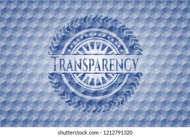 Transparency blue emblem or badge with abstract geometric polygonal pattern background.